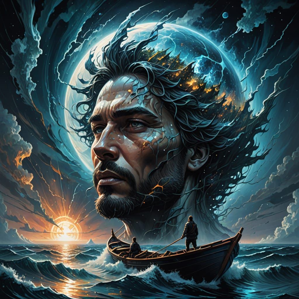 Surrealist Painterly Rendering of a Man Adrift in Cosmic Vas...