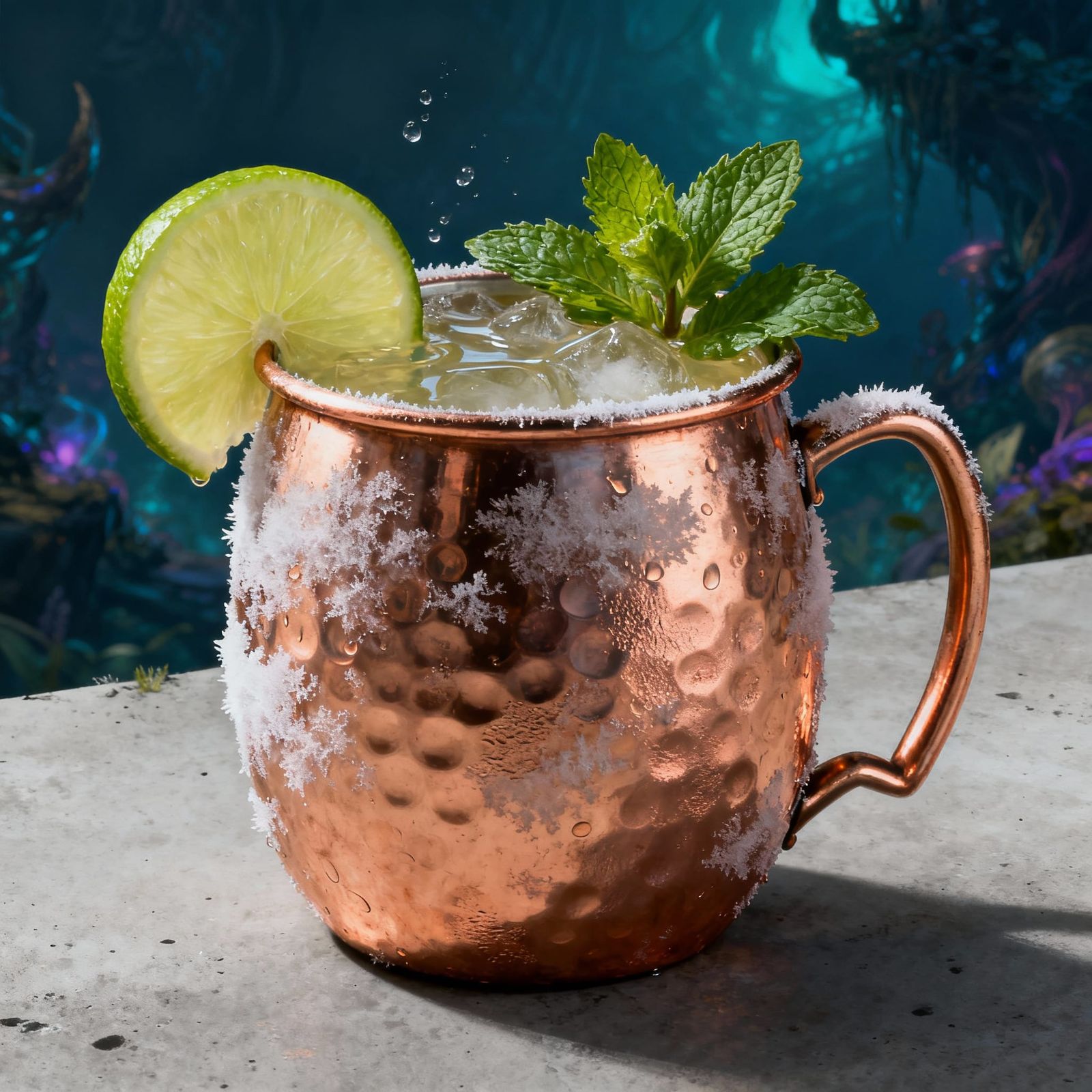 Frosty Copper Mug with Ginger Drink on Concrete