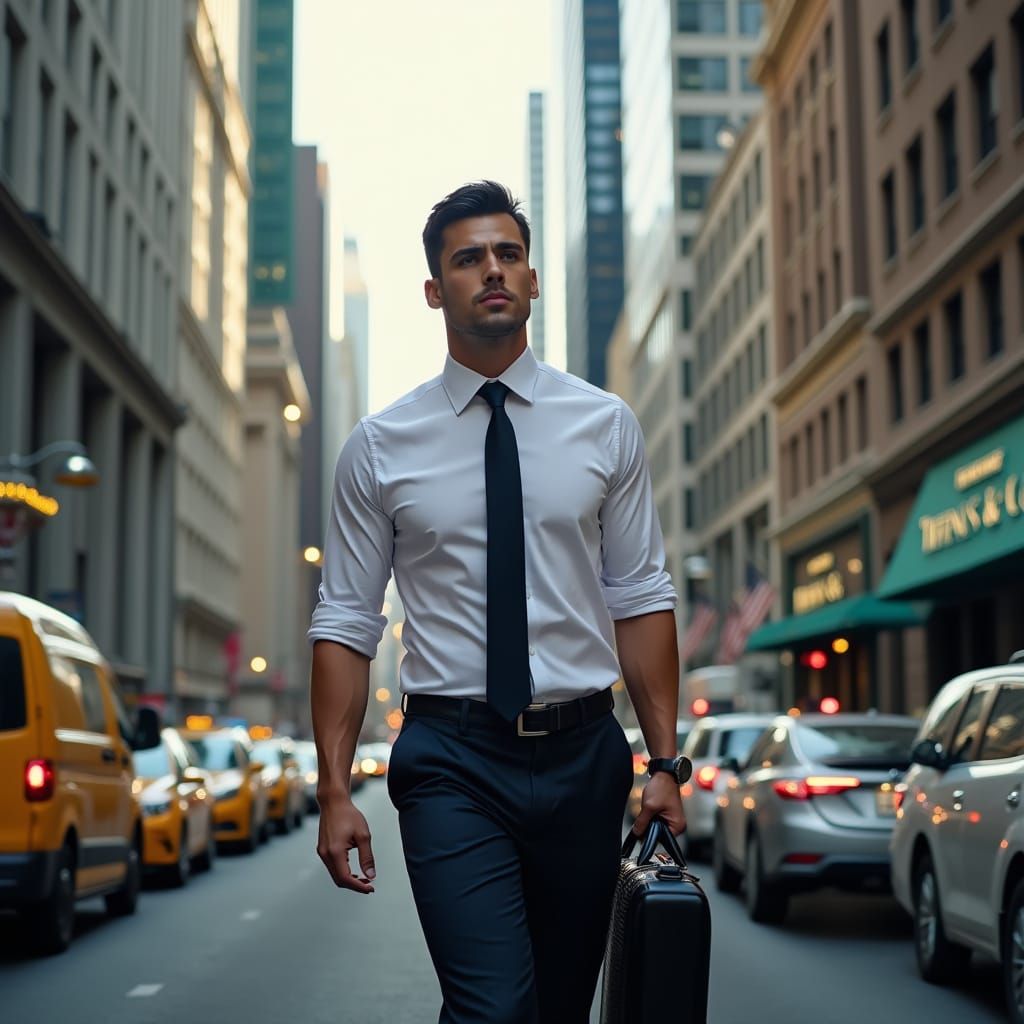 Muscular Man in Business District, Hyper Realistic Photo