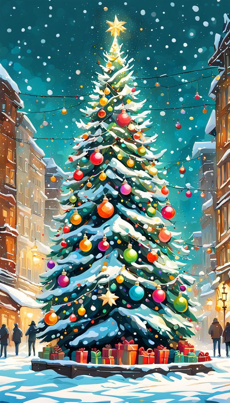Festive Christmas Tree in Snowy Town Square, Graffiti Art