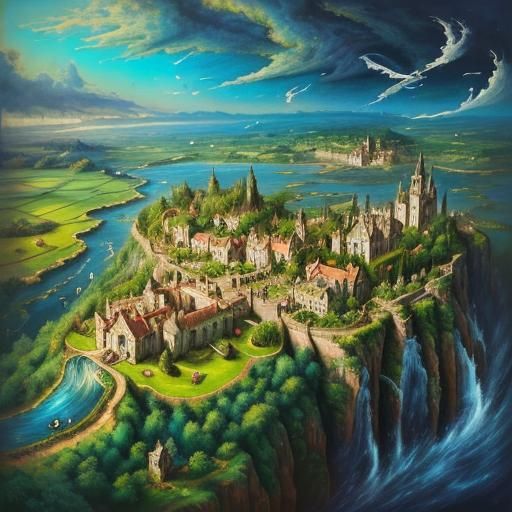 Surreal Aerial Country House in Fantasy Landscape