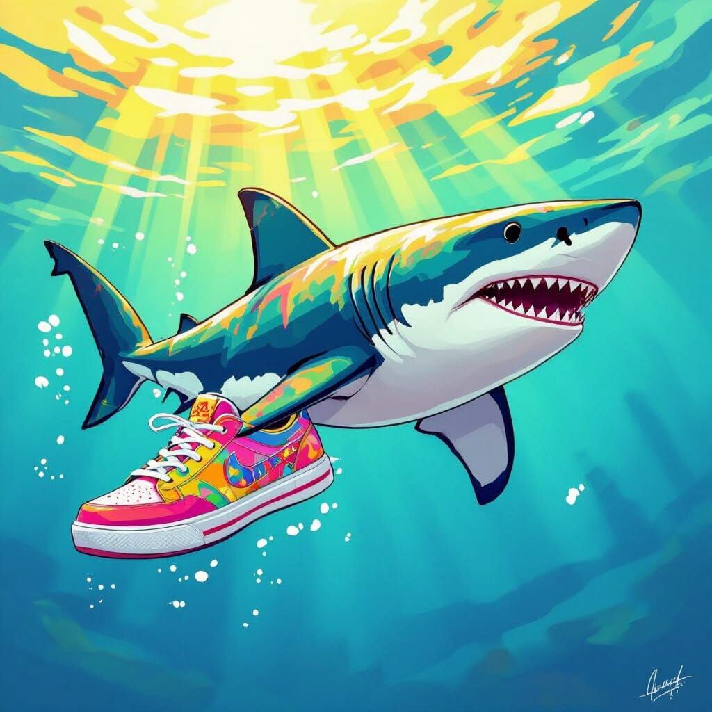 Shark with Sneakers Swimming in Sunlit Ocean