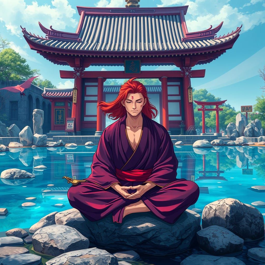 Anime-Style Japanese Shrine with Serene Meditating Figure