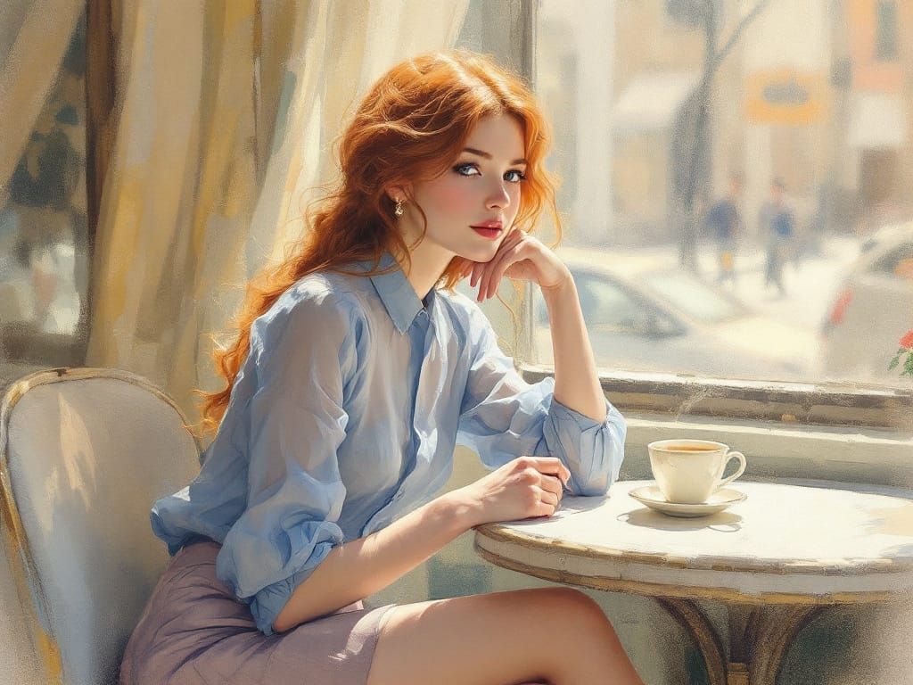 Woman with Red Hair at Cafe Table in Soft Light