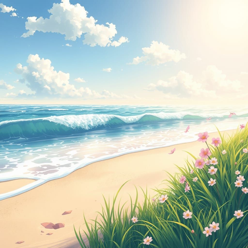 Anime Key Visual of a Tranquil Beach Scene