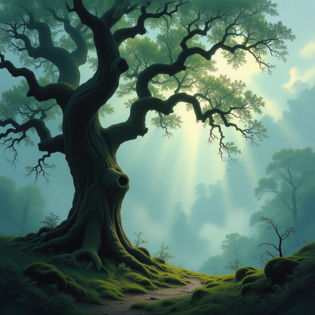 Ancient Oak in Ethereal Forest Painting