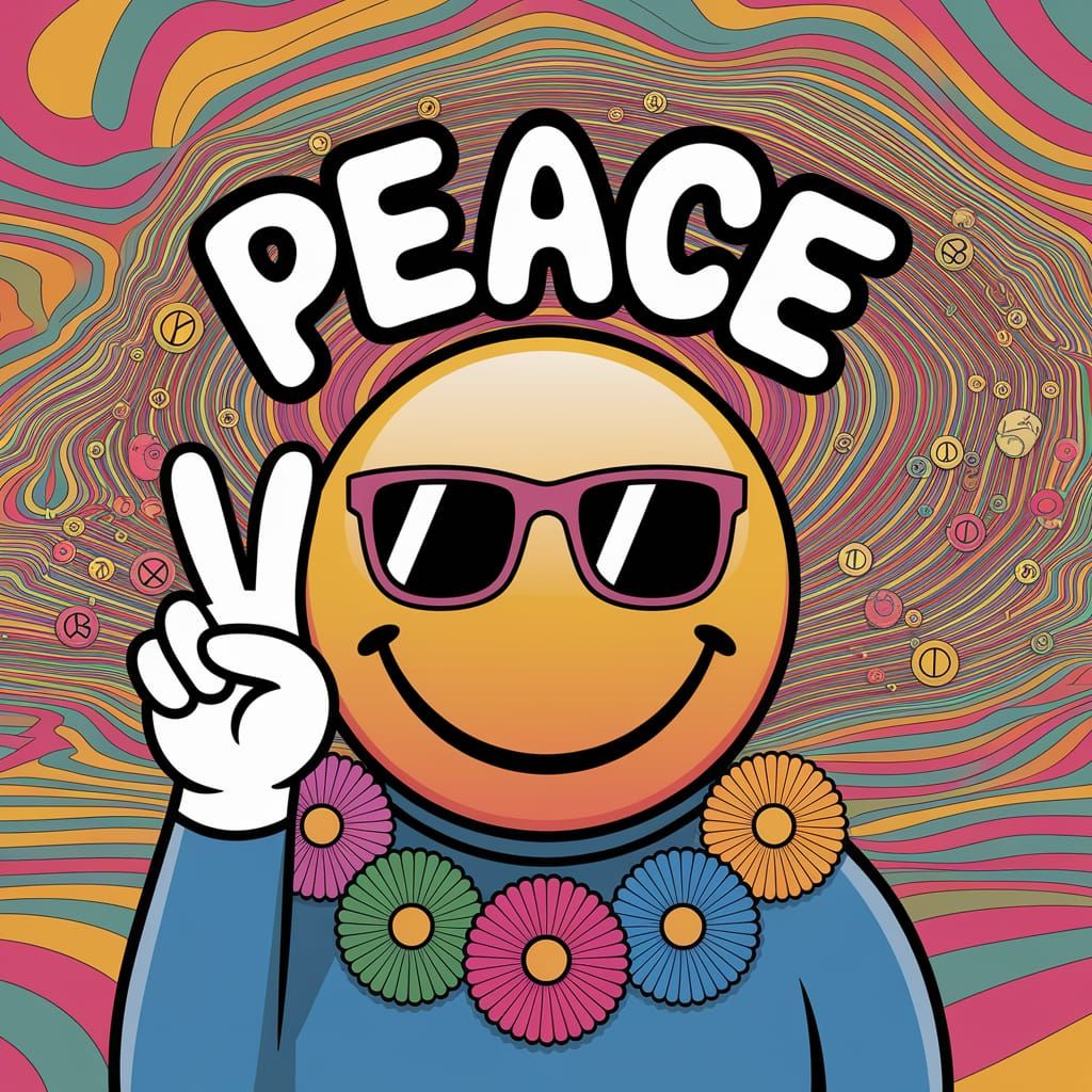 Peaceful Hippie Smiley in Psychedelic Landscape