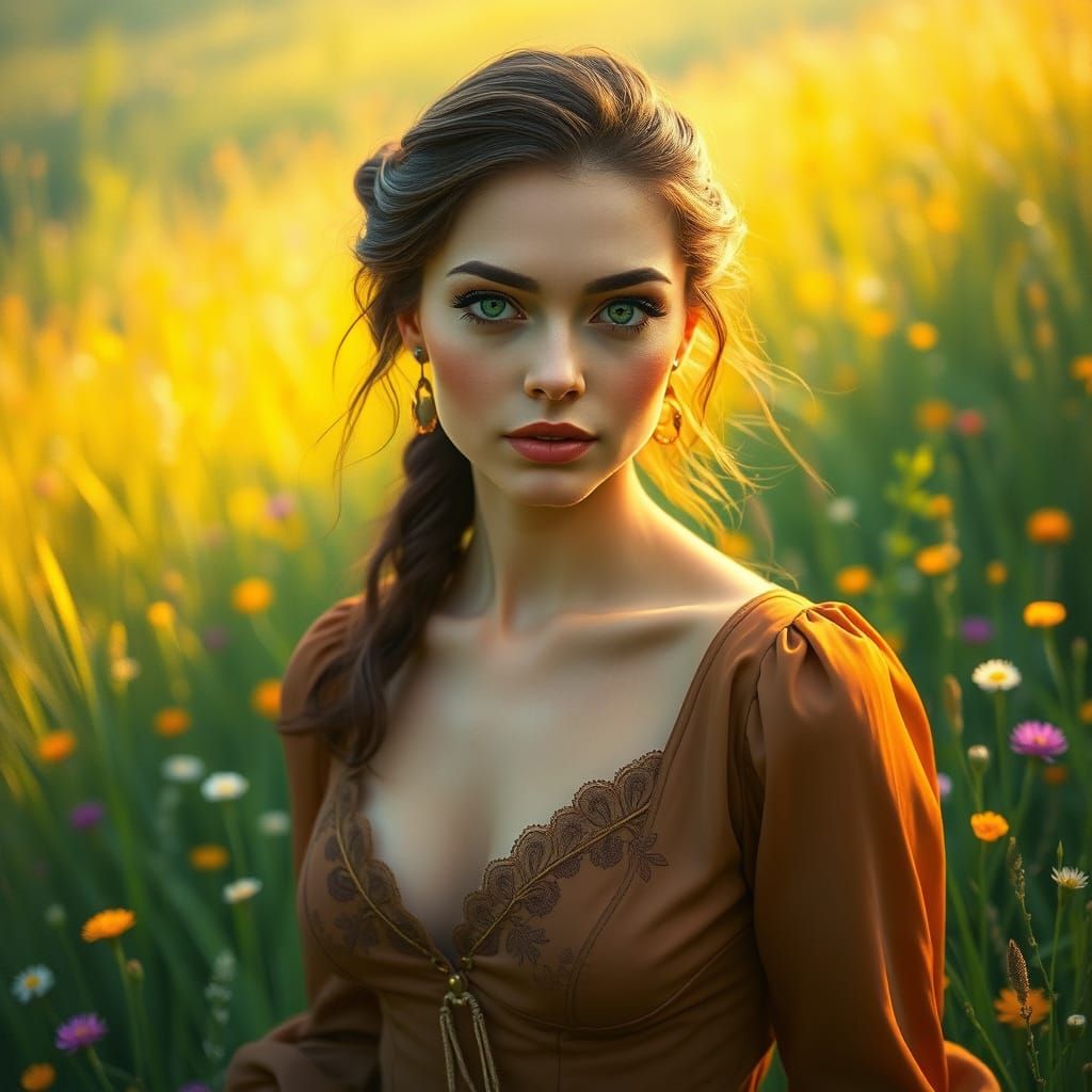 Radiant Woman in Meadow, Inspired by Dreamy Art Styles