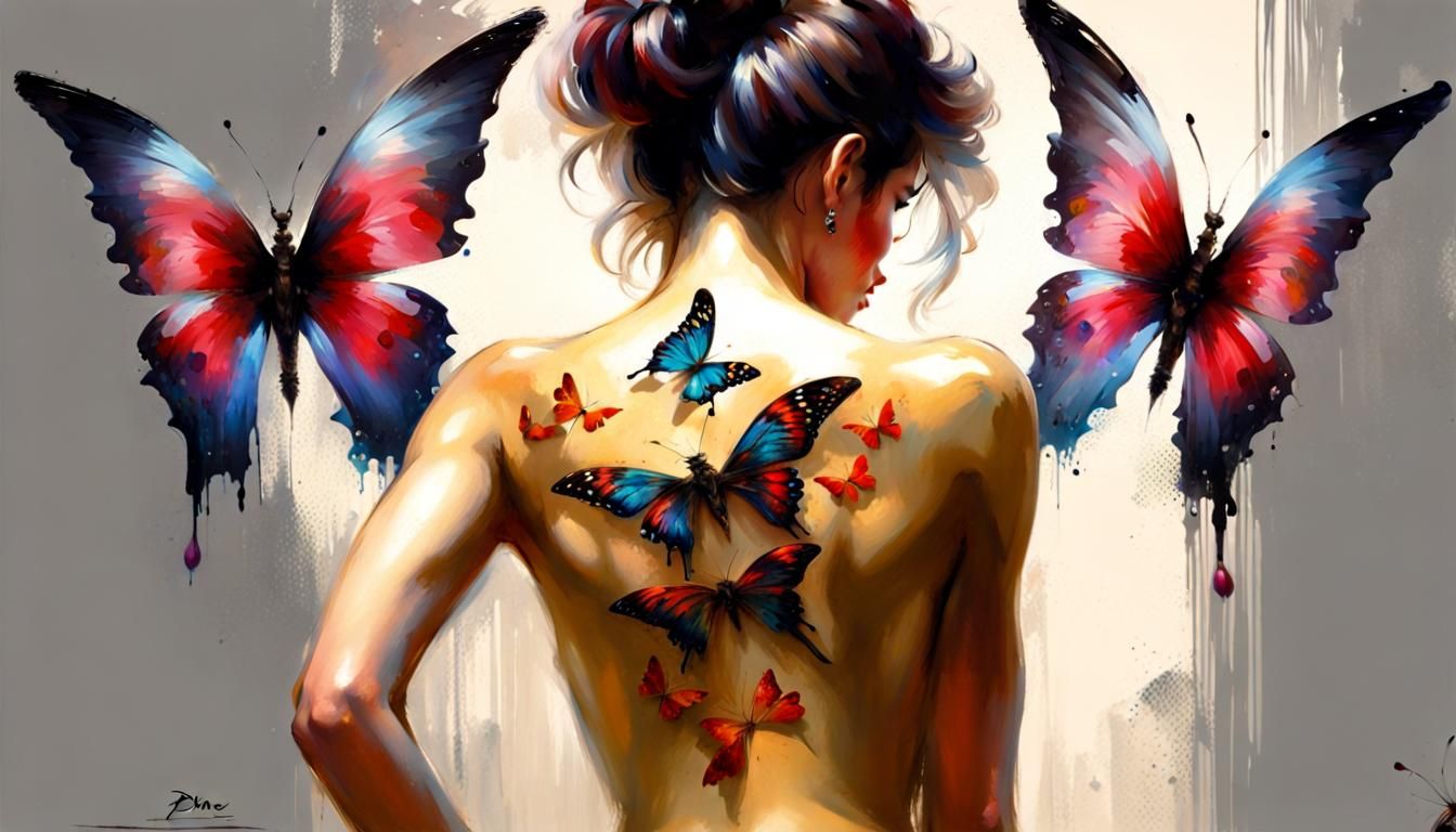 Woman with Butterfly Tattoos in Daeni Style