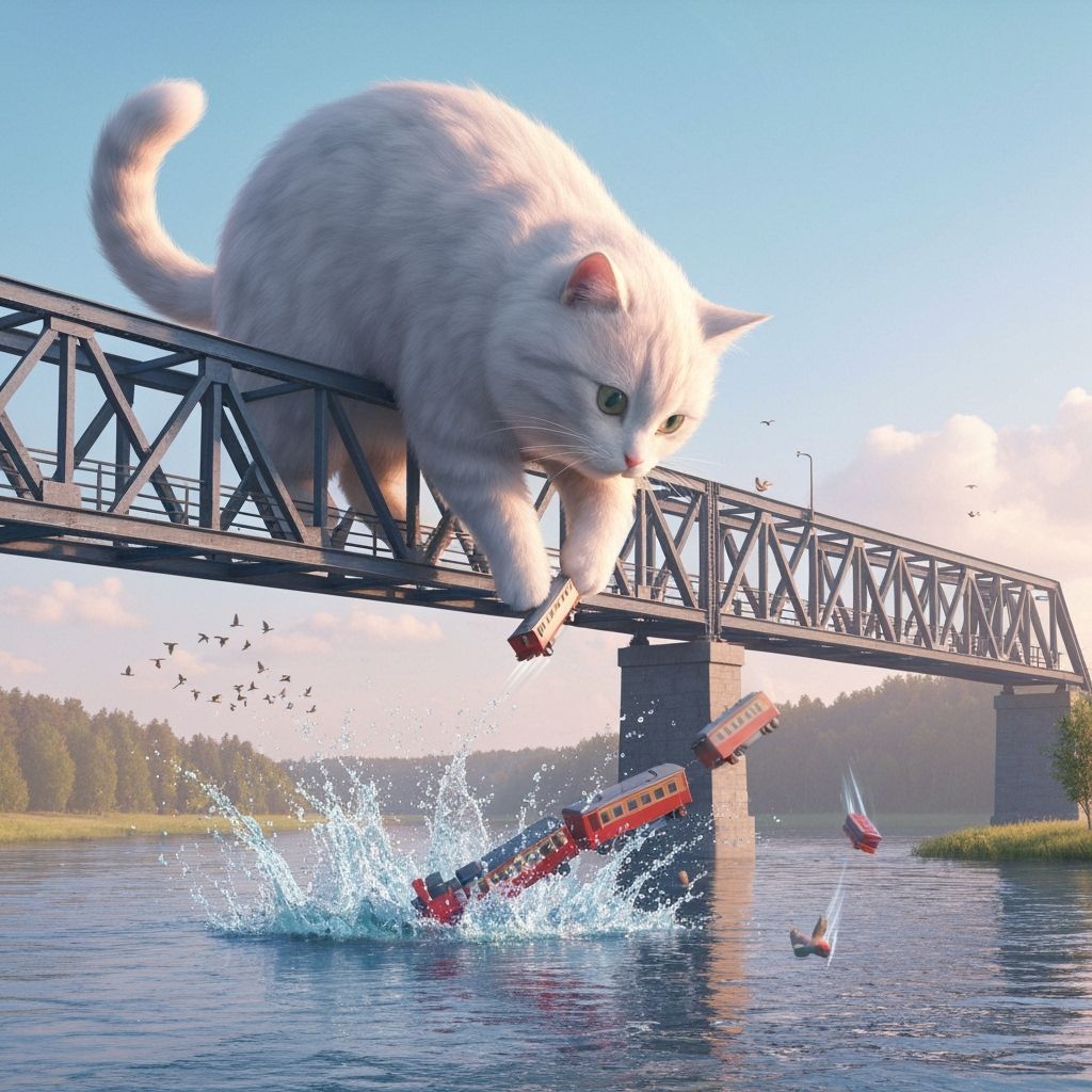 Giant Fluffy Cat Topples Train on Steel Bridge