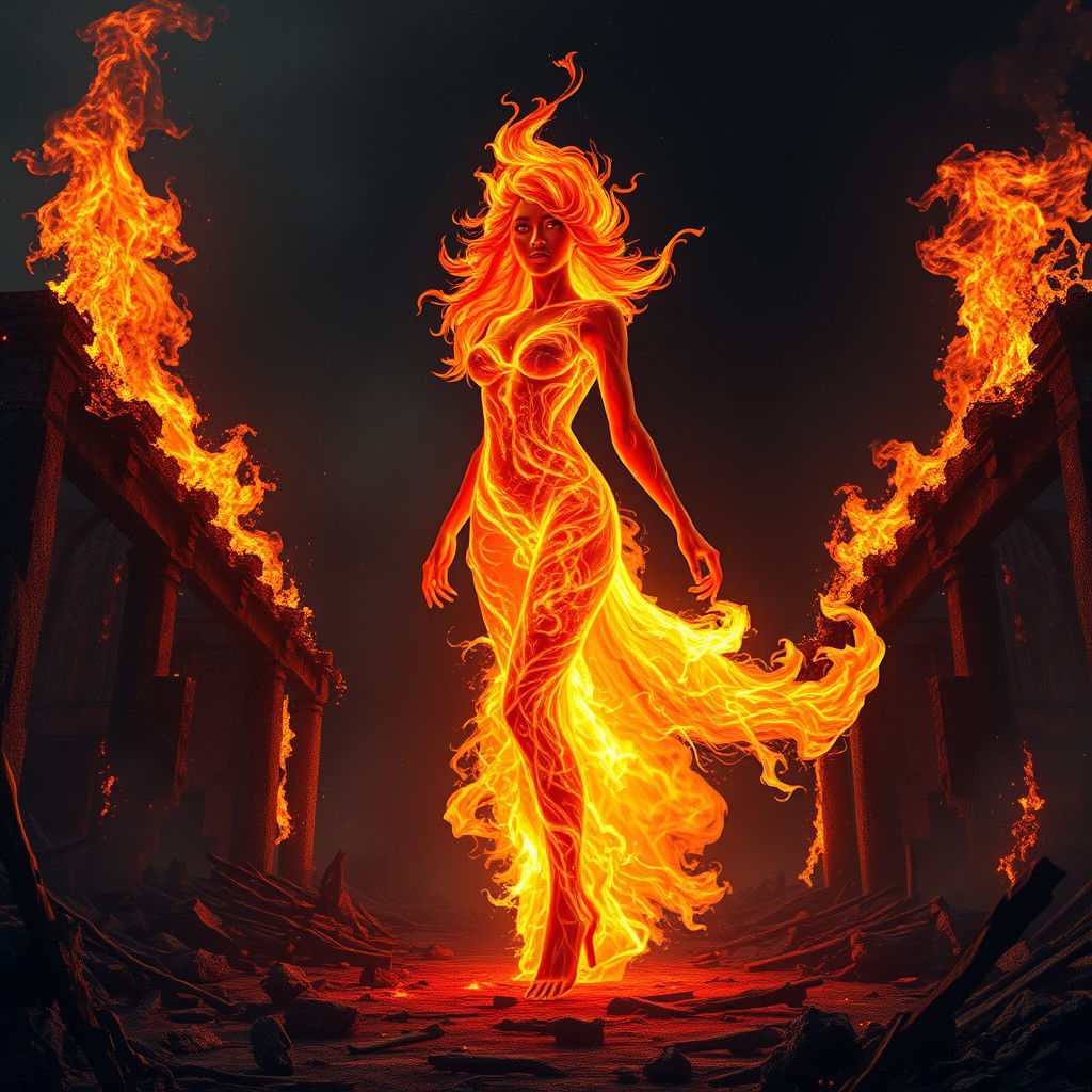 Ethereal Fire Woman in Mystical Landscape