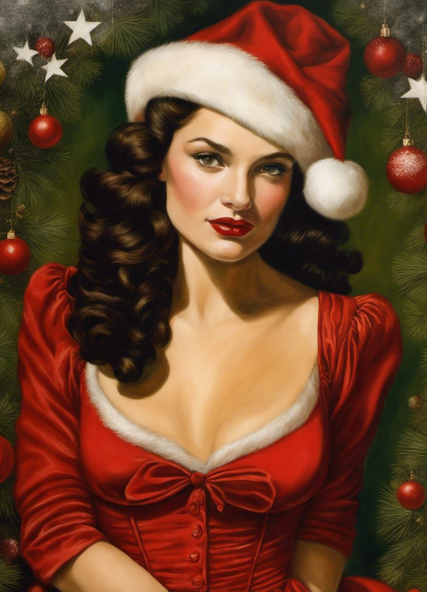 Mrs. Claus Posing for Soldiers, Vintage Illustration