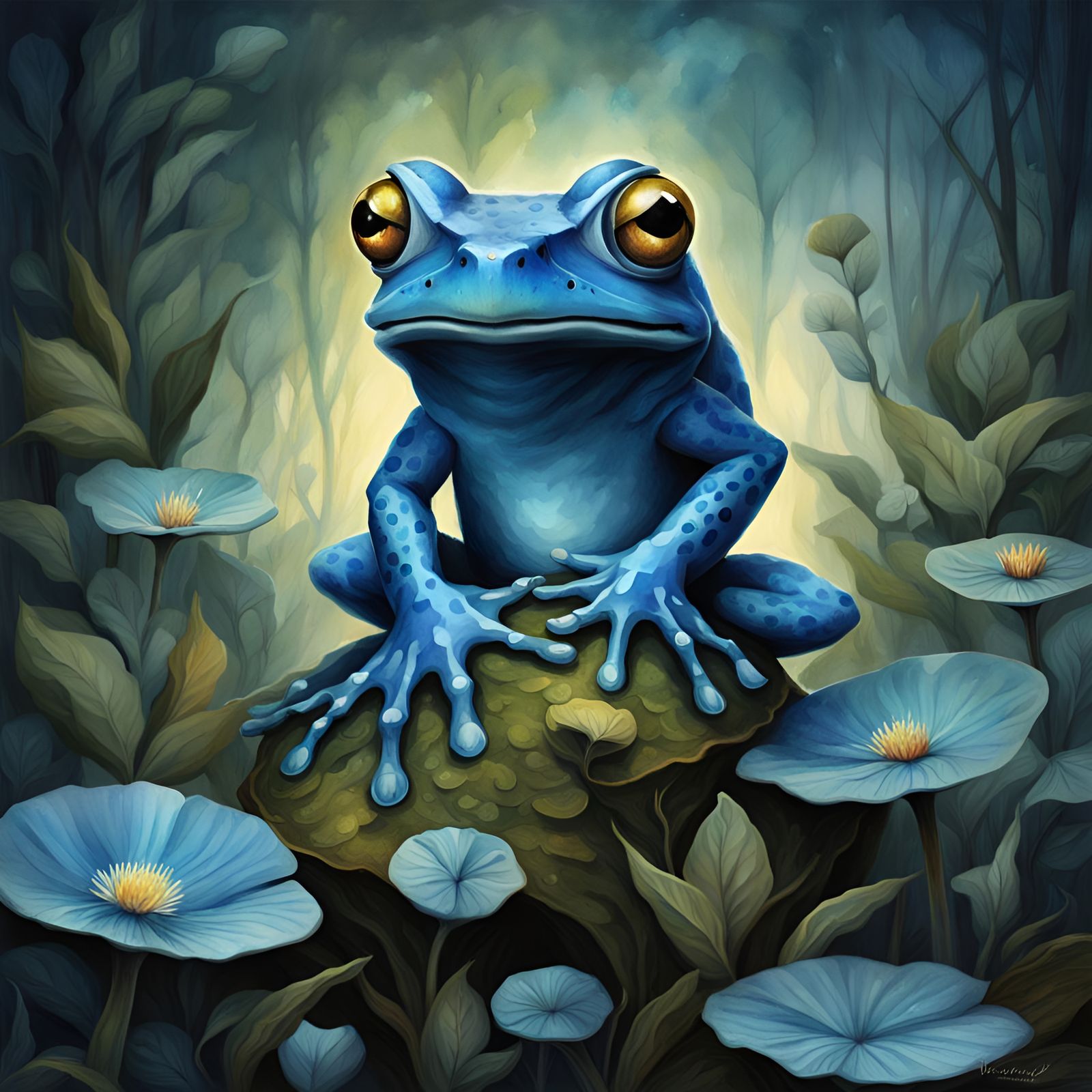 Blue Frog and Morning Glories