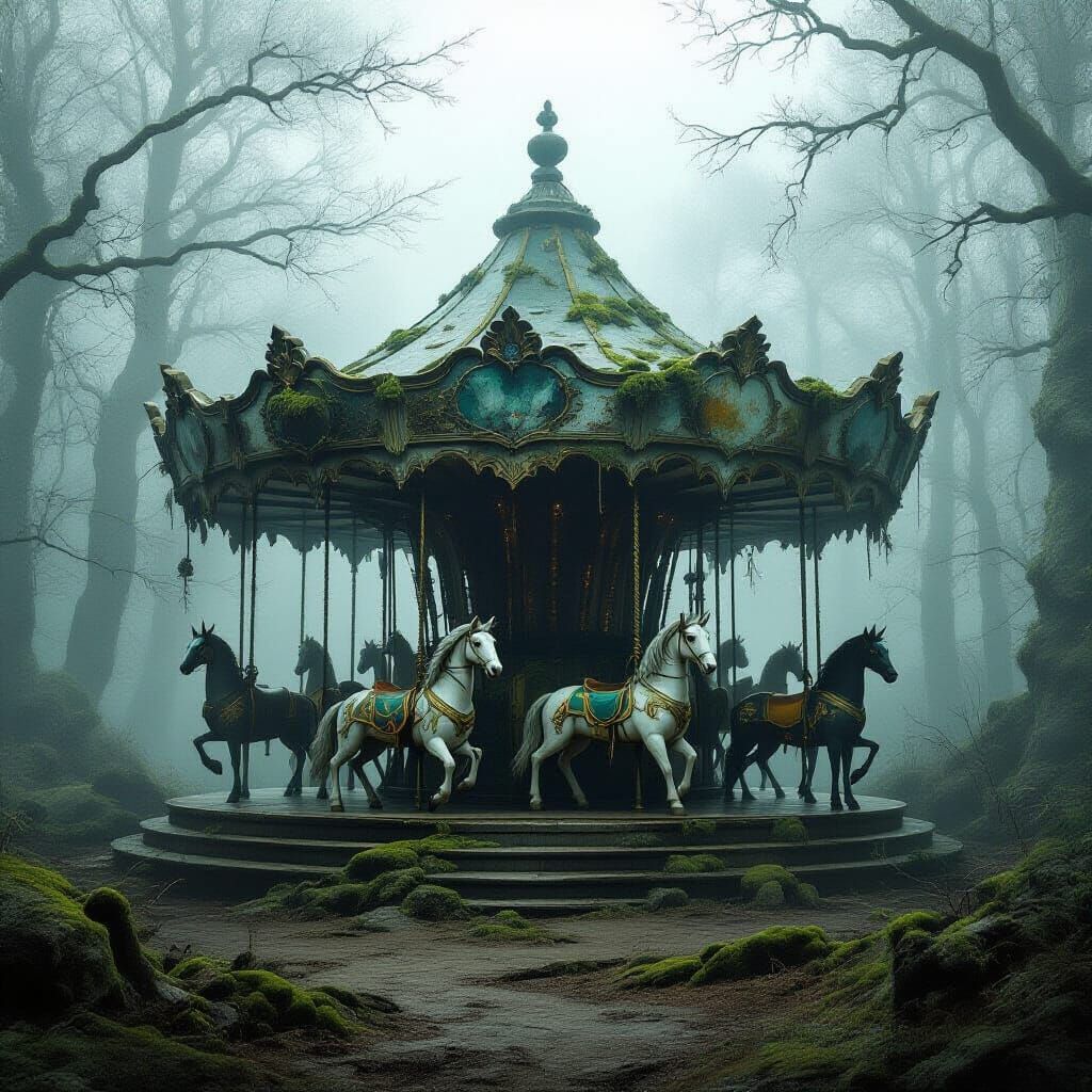Abandoned Stone Carousel in Misty Enchanted Forest