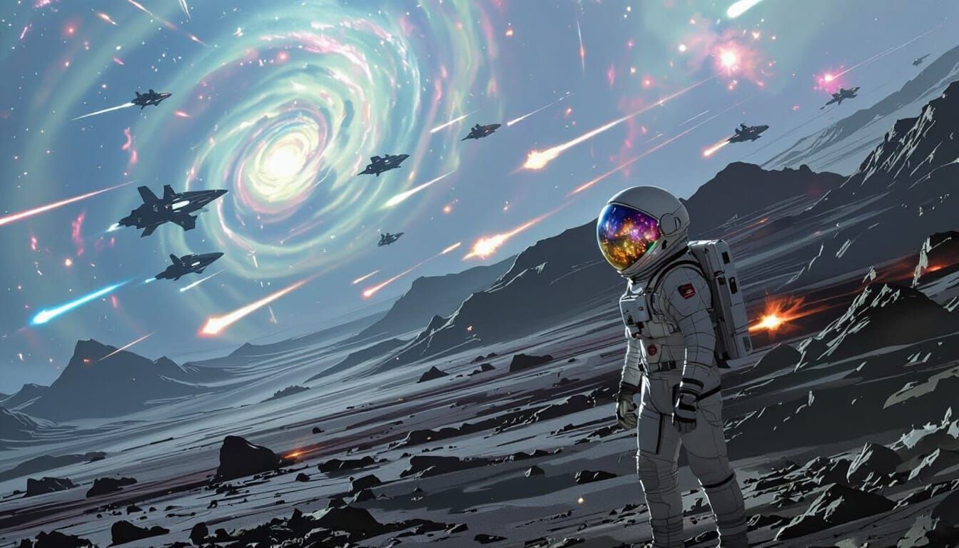 Astronaut Witnessing Epic Space Battle in Sci-Fi Style