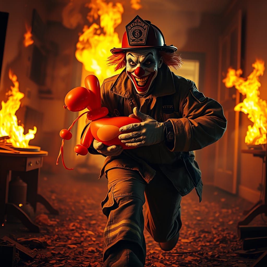 Fireman Clown Sprints Through Burning Room with Twisted Grin