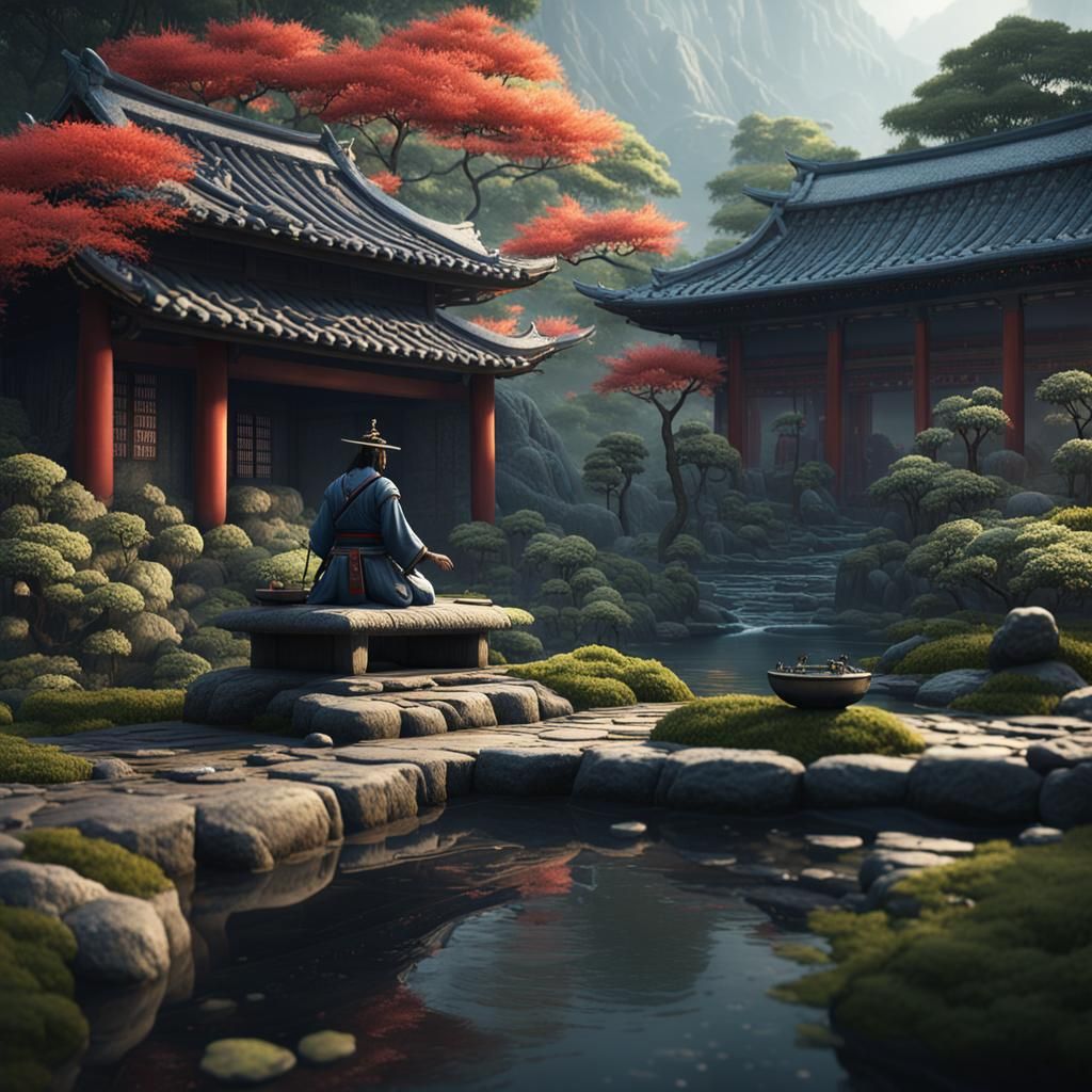 Samurai in Stone Garden: Detailed Matte Painting