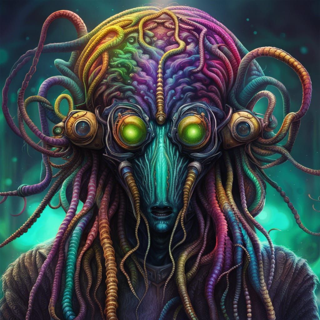 Steampunk Alien with Tentacle Dreadlocks: Hyper-Realistic Sc...