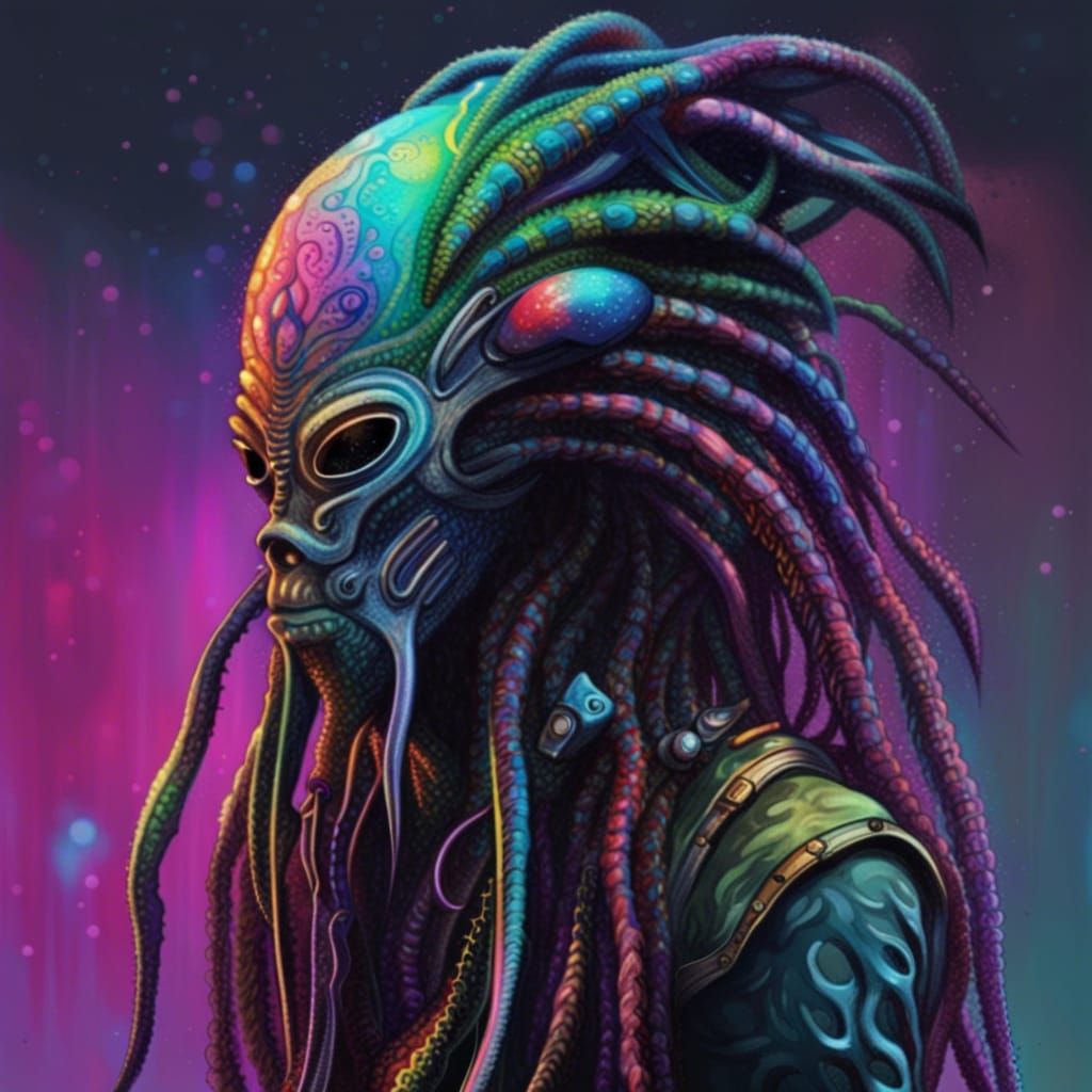 Hipster Alien with Tentacle Dreadlocks in Dystopian Sci-Fi