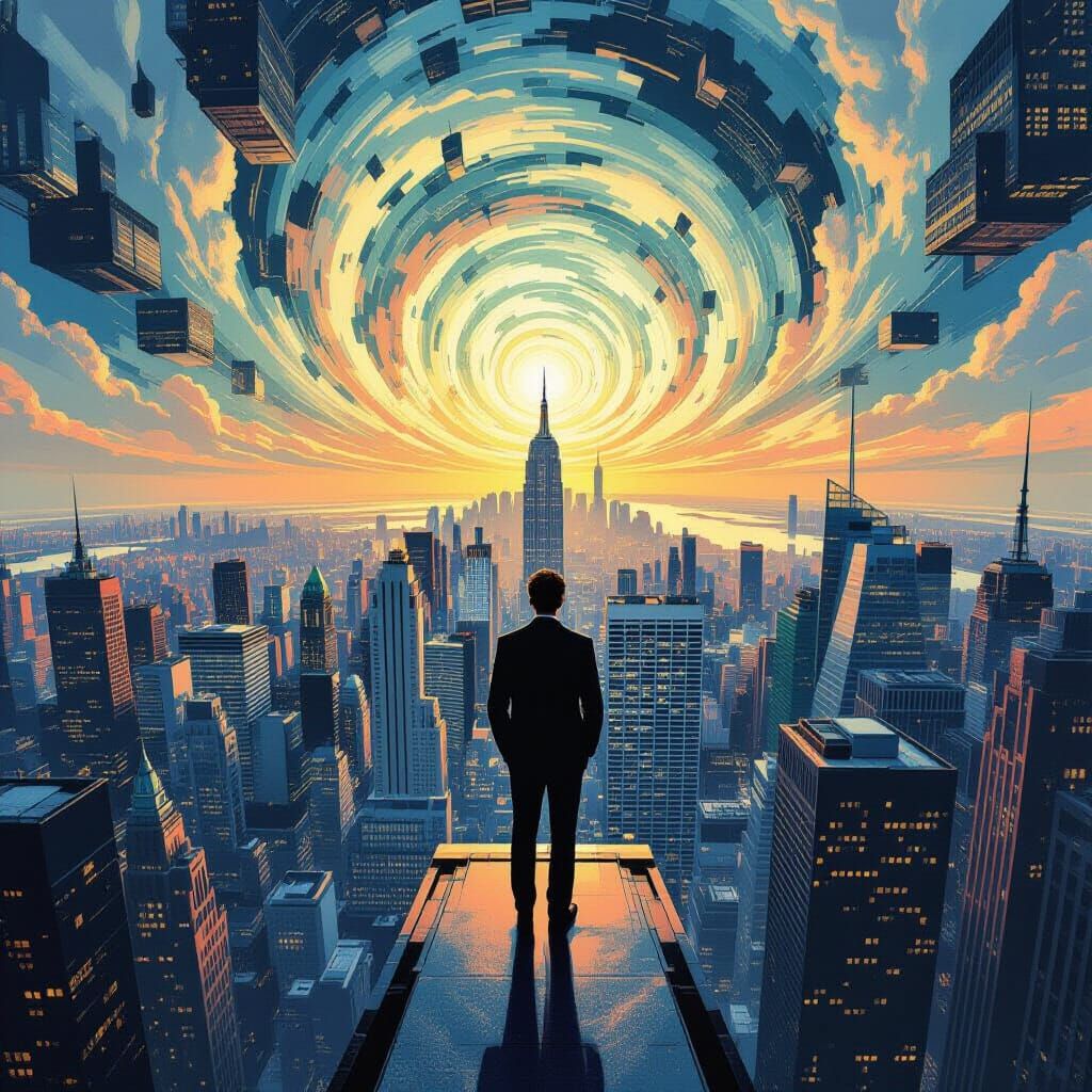 Vertigo: Distorted Cityscape at Skyscraper Edge