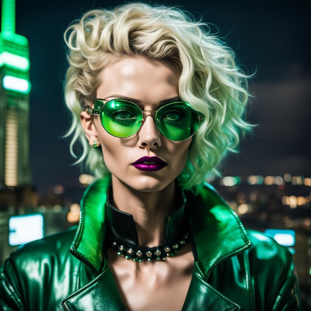 Cyberpunk Supermodel with Mohawk in Rainy Madrid