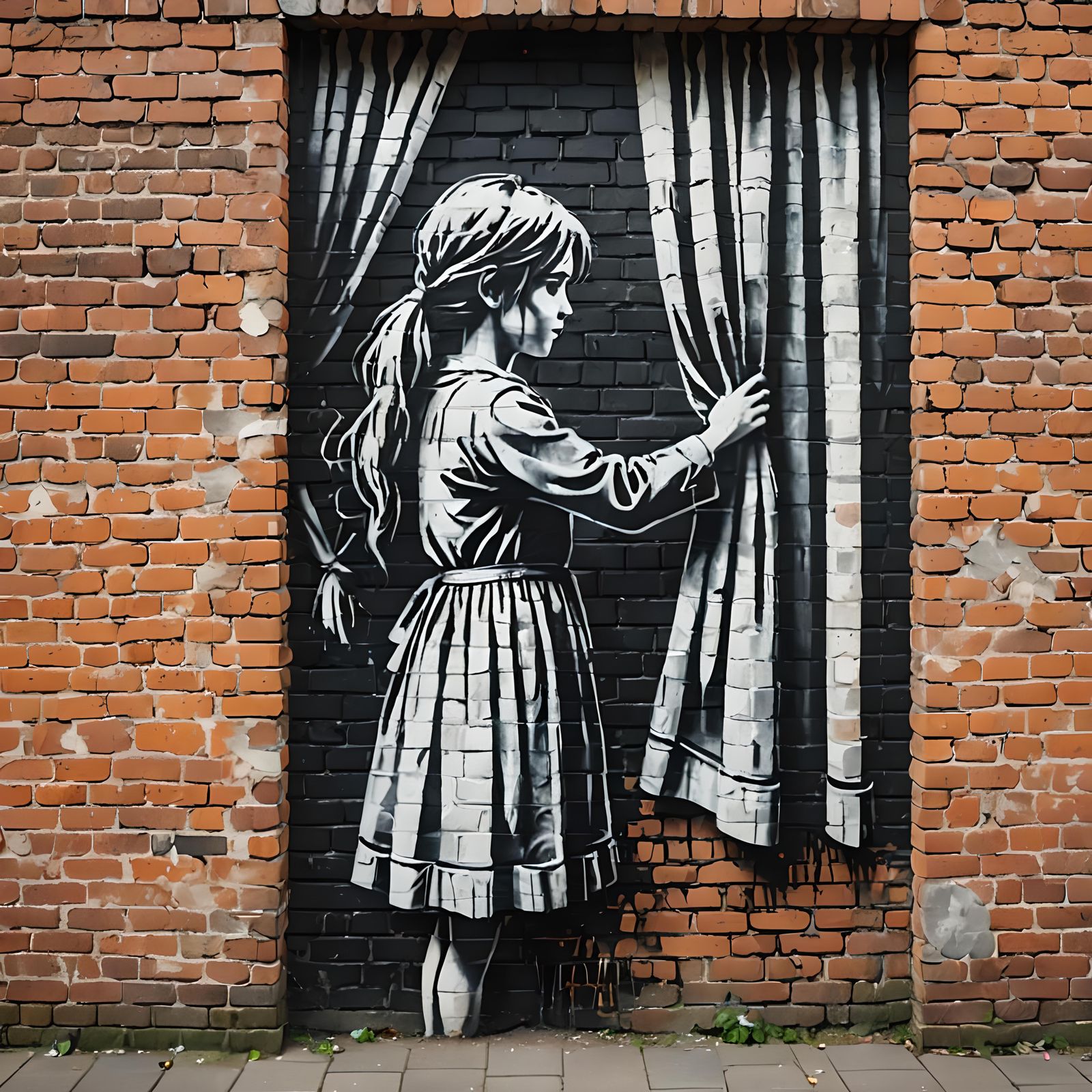 Banksy Style Chalk Girl Opening Curtains