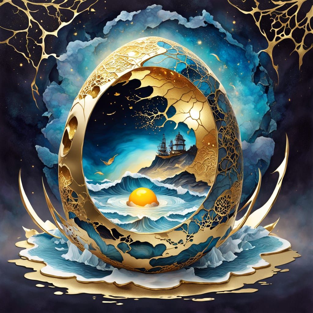 Surreal Cracked Egg in Moon Crater with Kintsugi Gold