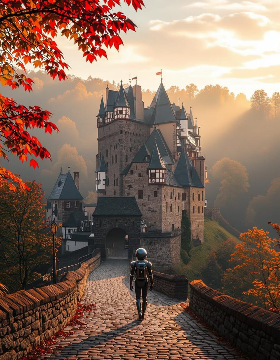 Futuristic Alien at Medieval Castle in Autumn