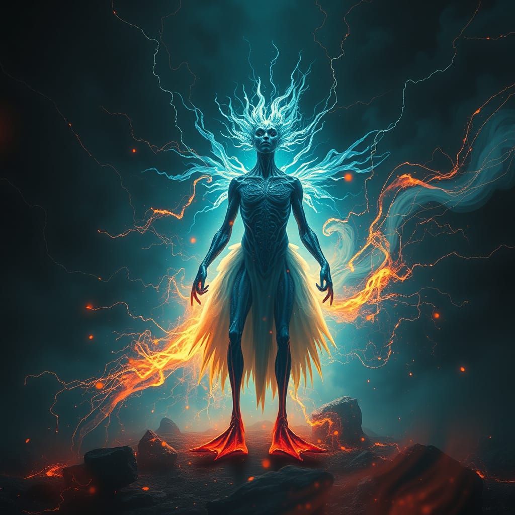Mystical Being with Goose Feet in Fiery Whirlwind