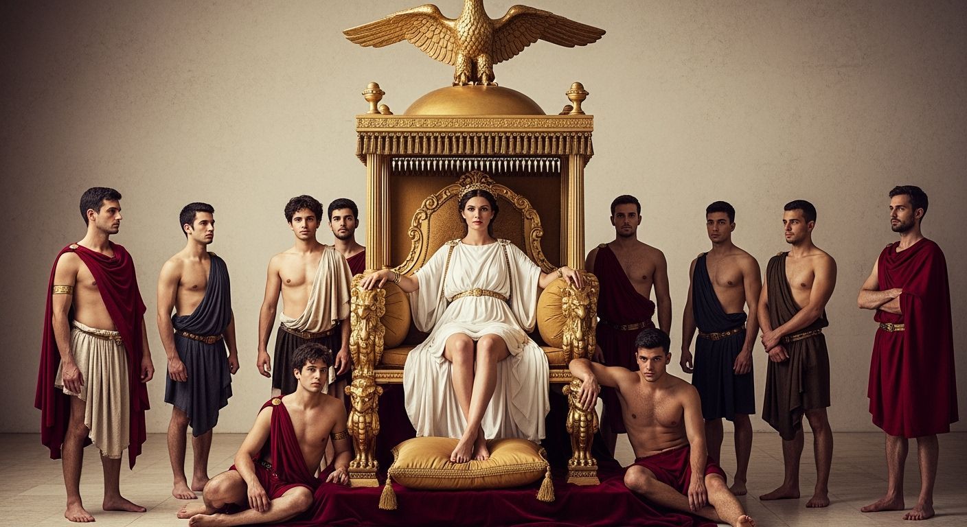Regal Roman Empress on Imperial Gold Throne