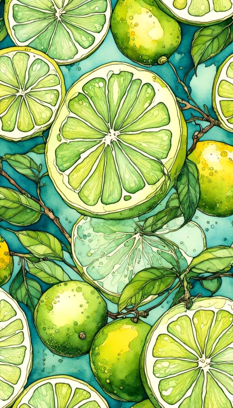 Botanical Illustration of Lime Slices in Art Nouveau Style