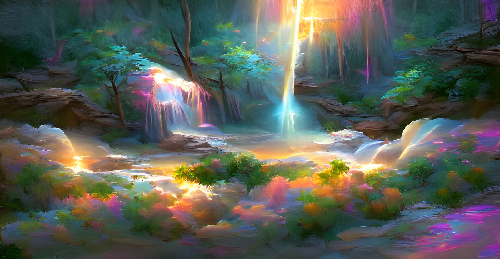 A Celestial clearing in the forest with a waterfall