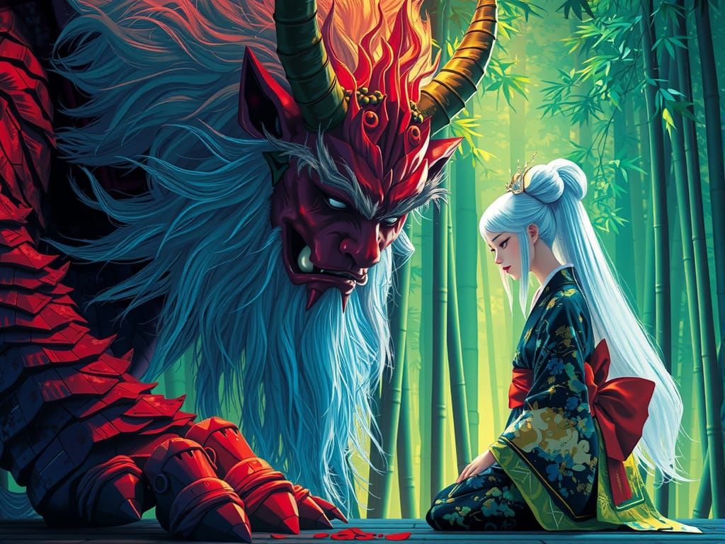 Giant Oni in Reverent Posture Before Kitsune in Arashiyama B...