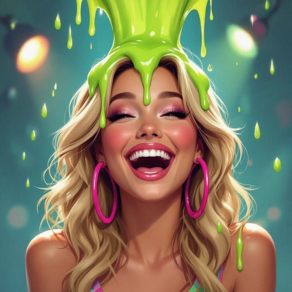 Joyful Blonde Woman Covered in Green Slime