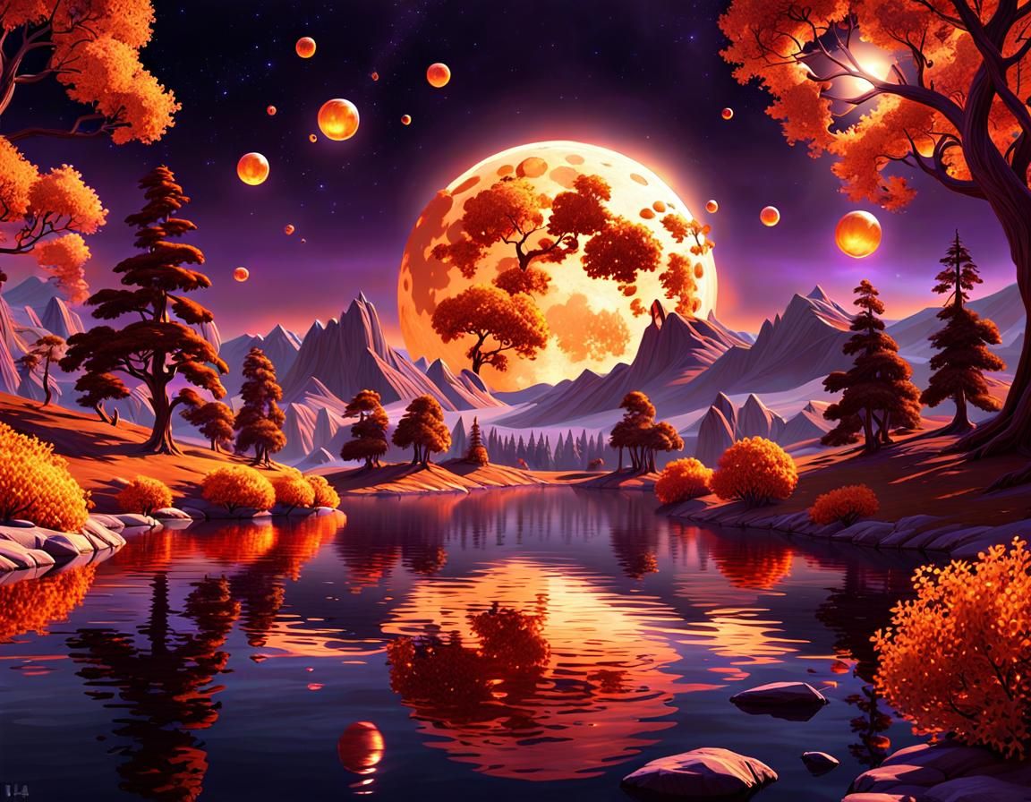 Orange Bubbles and Moon in Fantasy Landscape