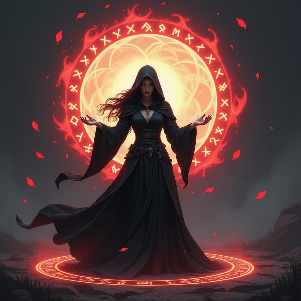 Sorceress Weaving Crimson Magic in Dark Fantasy Style