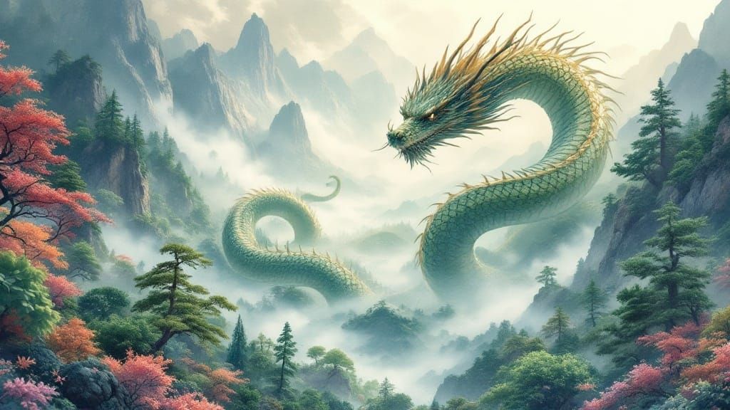 Surreal Landscape with Majestic Serpent in Vibrant Watercolo...