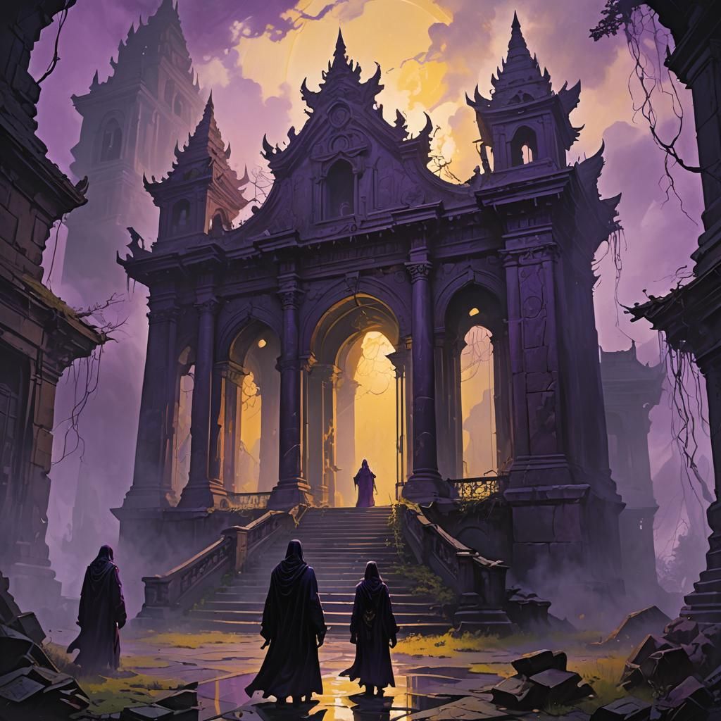 Ghosts Haunt Misty Temple in Dark Fantasy Art