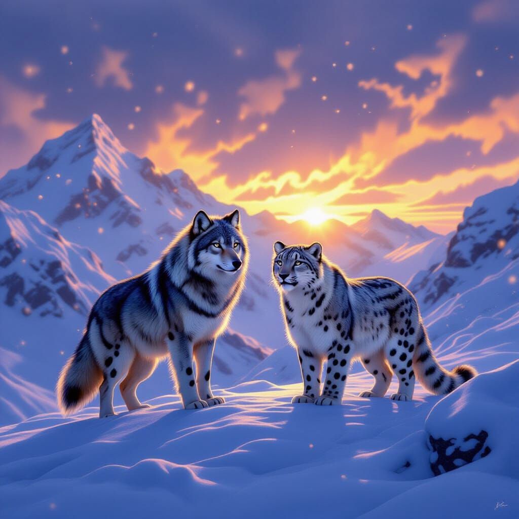 Ethereal Wolf and Snow Leopard in Blizzard