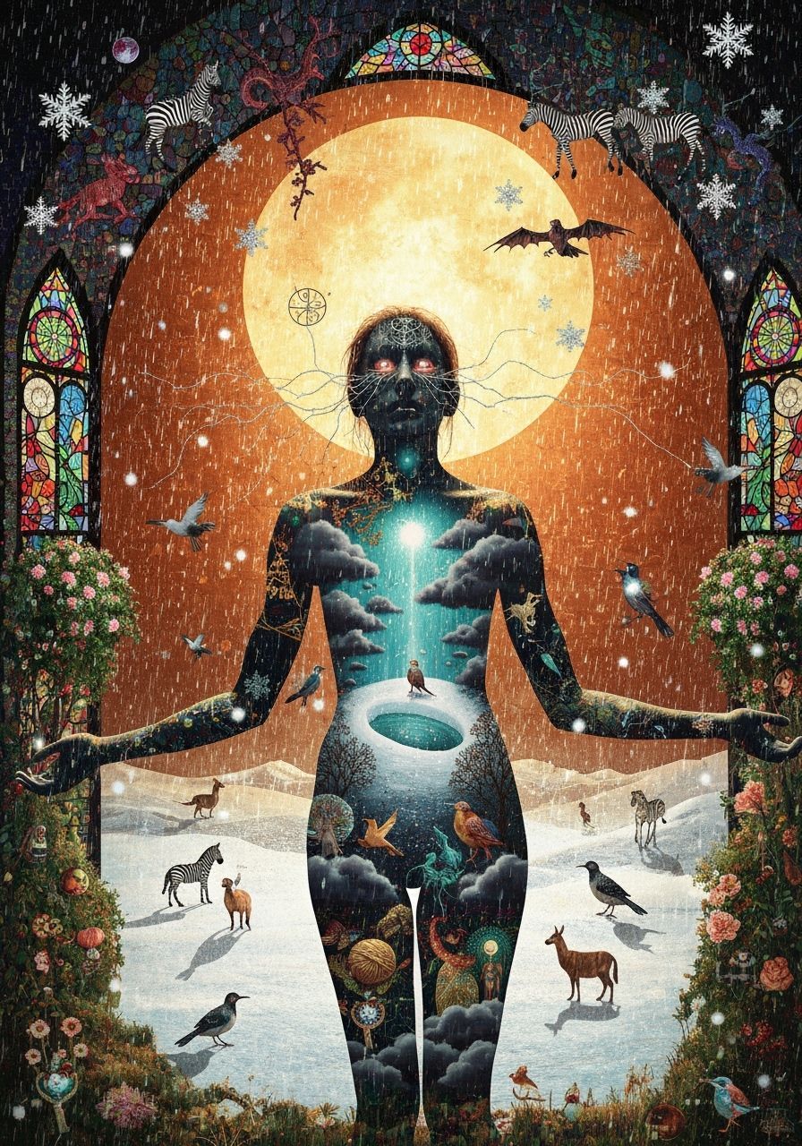 Mystical Shaman in Bioluminescent Frozen Oasis, Surreal Coll...