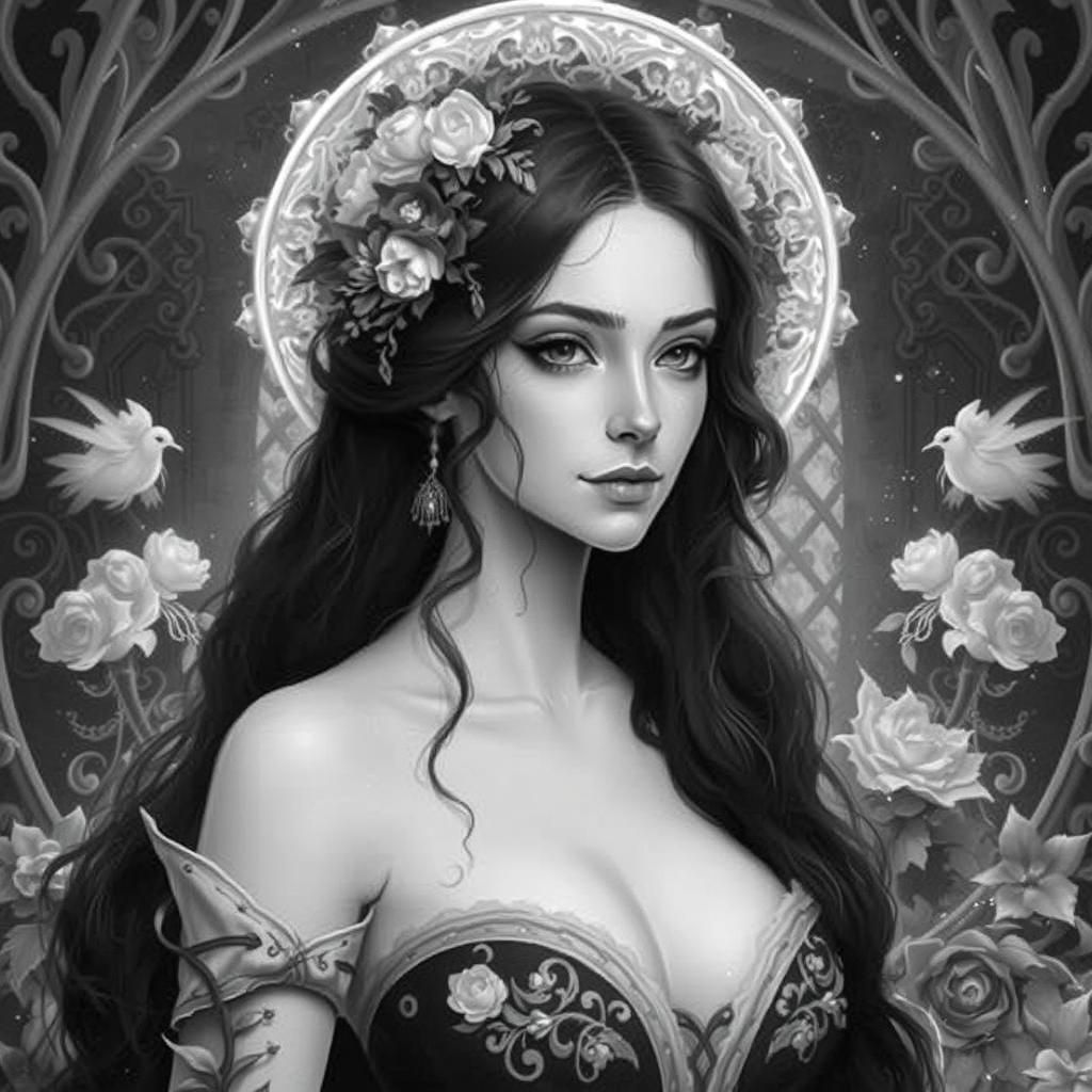 Monochrome Portrait of Woman with Flowers, Digital Art