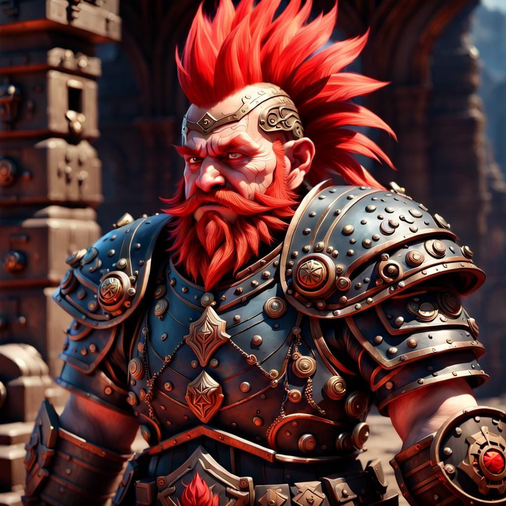 Futuristic Dwarf Warrior with Red Mohawk in Armor