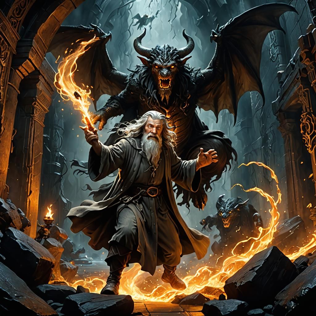 Gandalf and Balrog Fall: Dark Fantasy Art