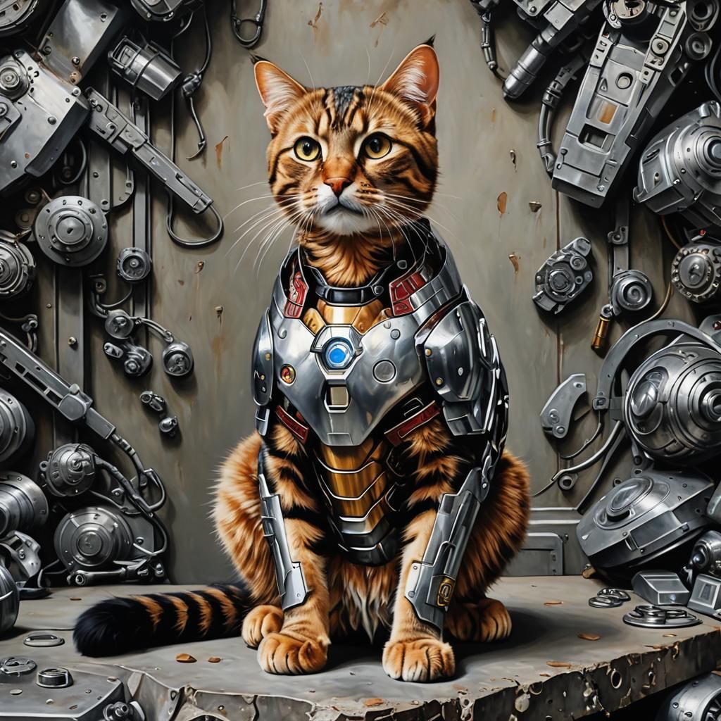 Iron Cat Hyperrealistic Maximalist Portrait