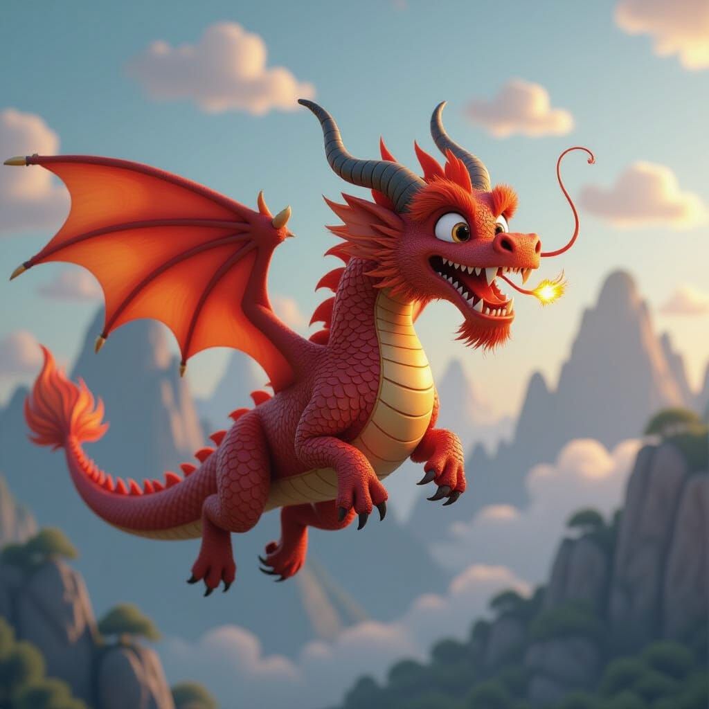 Chinese Dragon in Flight, Pixar-style 3D Rendering