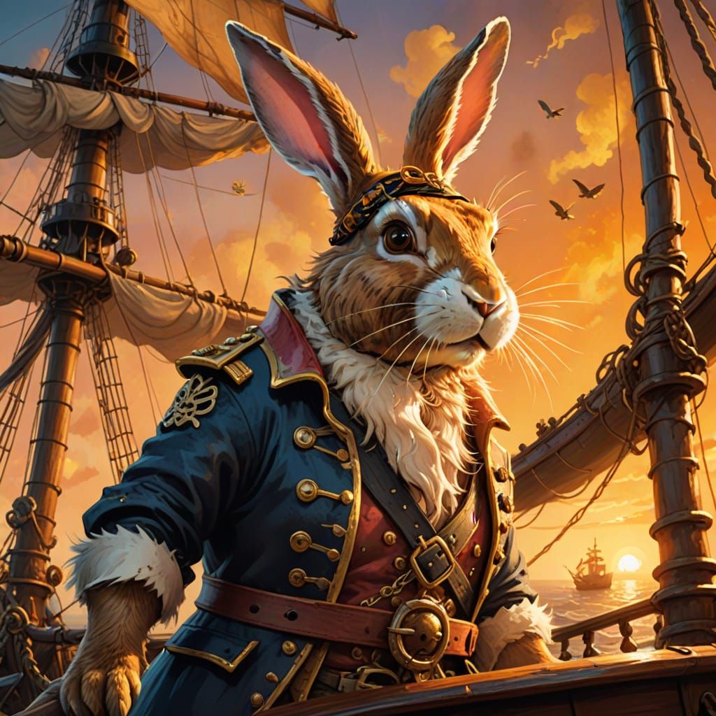 Giant Pirate Rabbit on Ship in Mixed Media Style