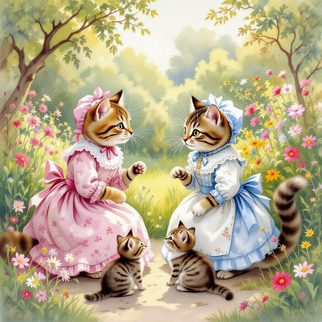 Victorian Cats and Kittens in Enchanted Garden