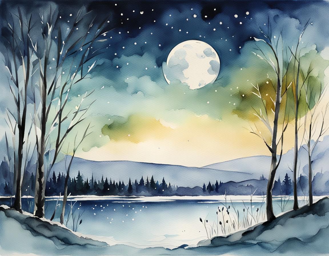 Moonlight Reflects on Frozen Lake: Watercolor Painting