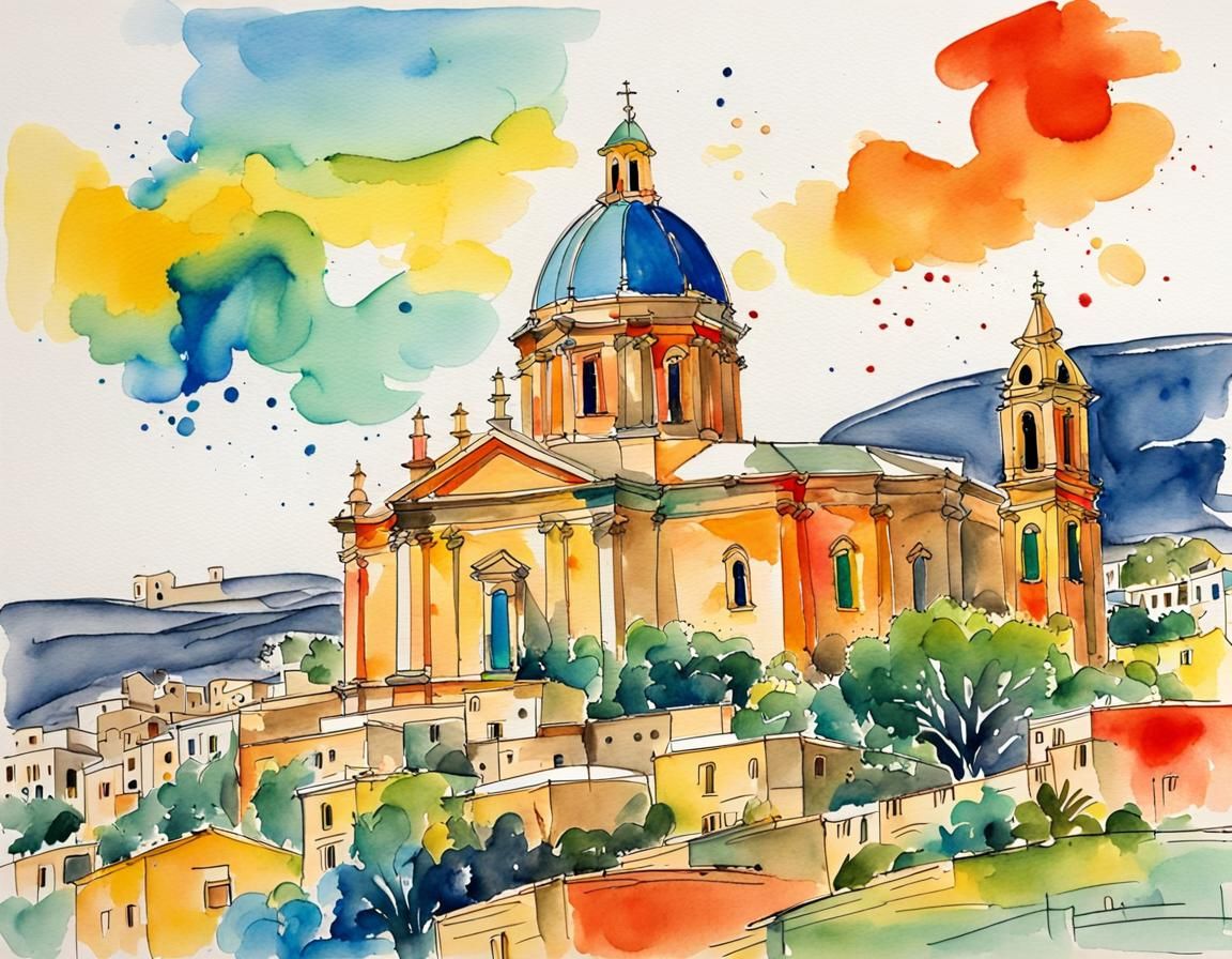 Mosta Dome Church in Watercolor Quentin Blake Style
