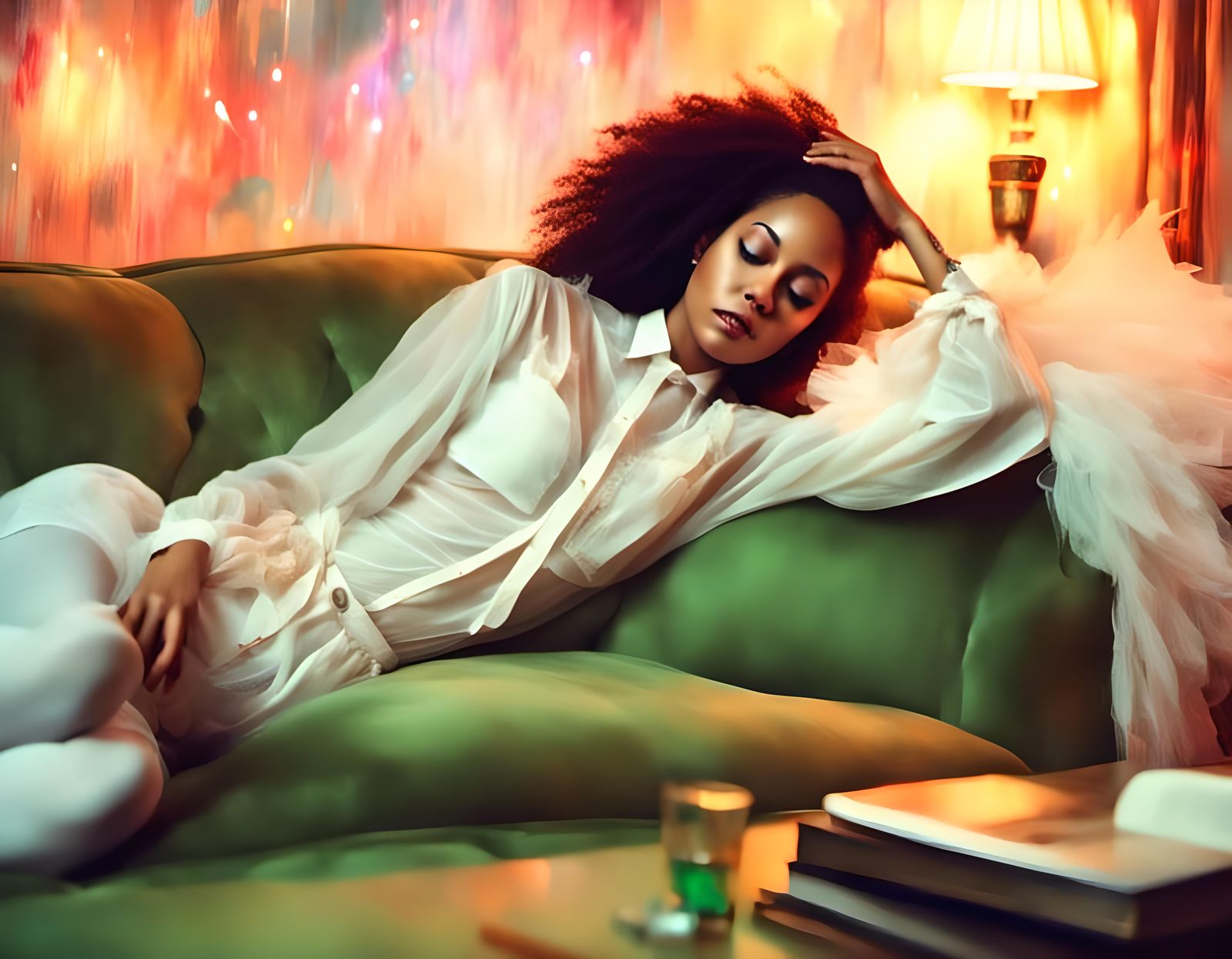 Realistic Image of Person Asleep on Green Couch